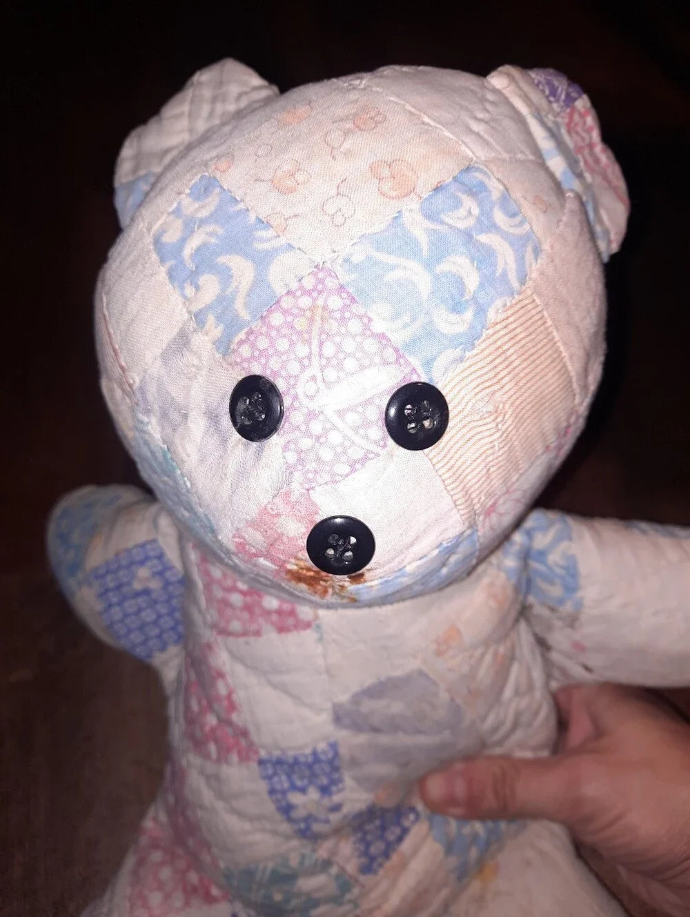 Vintage Patchwork Quilted Teddy Bear with Button Eyes - Soft Pastel Print